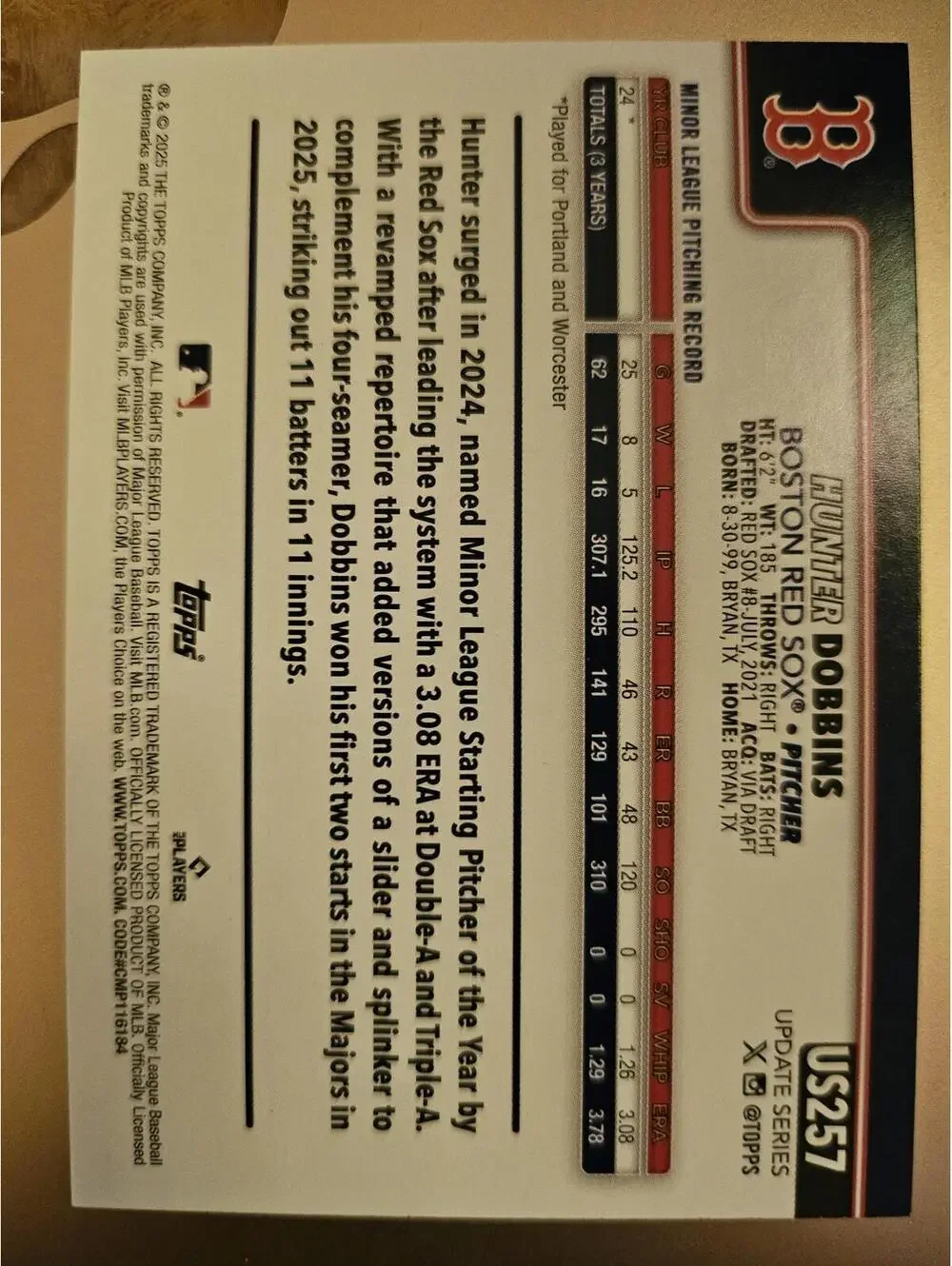Hunter Dobbins (RC) 2025 Topps Update - #US257 - Red Sox - RAW Mint - Picture 2 of 2